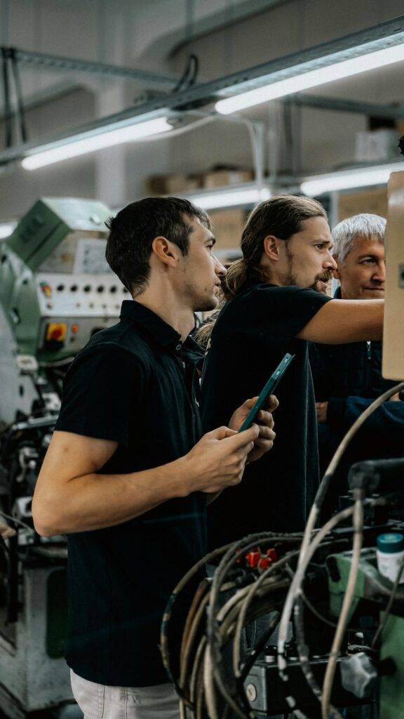 Engineers reviewing a production machine